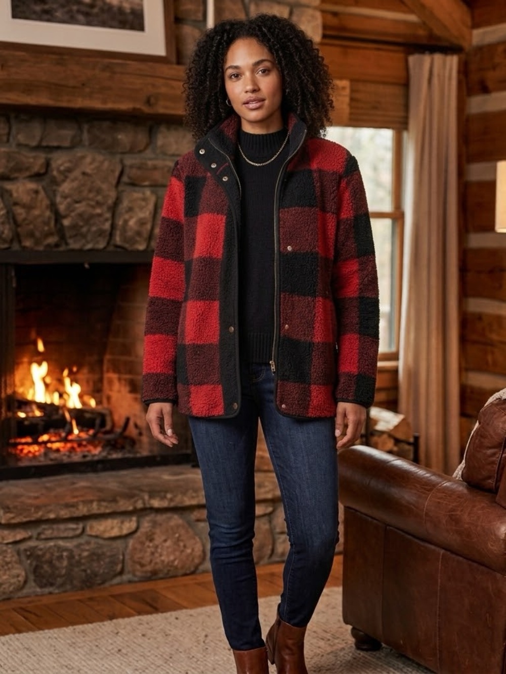 Old Navy Red and Black Buffalo Plaid Sherpa Jacket-XS but very oversized